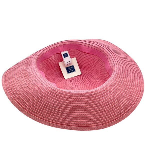 Janie and Jack Courtside Prep Pink Straw Sun Hat W/ White Bow For Girls Size 4-5 - Picture 2 of 3